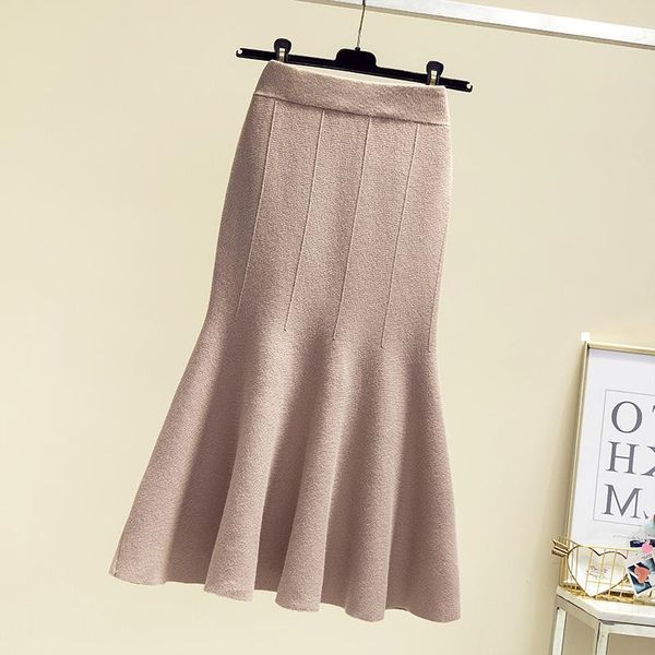 

new 2021 women high solid color knitted skirts autumn elegant streetwear medium femme skirt y318 9hqu kdg1, Black