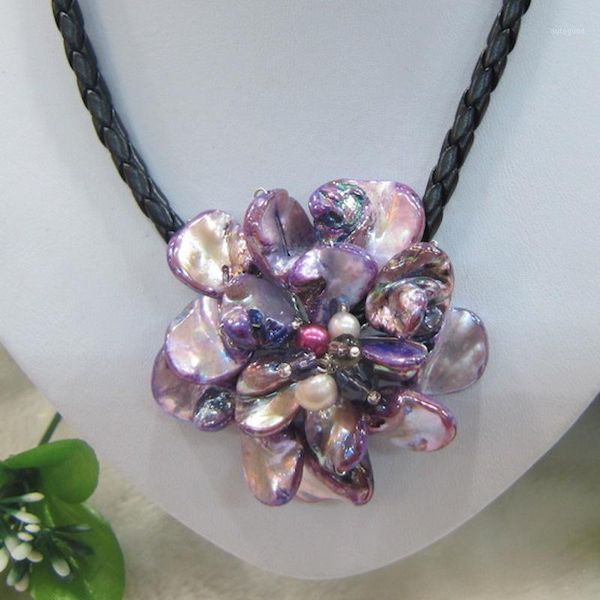 

chokers fashion jewelry freshwater pearl sea shell flower champange 18.5" necklace nature leather1, Golden;silver