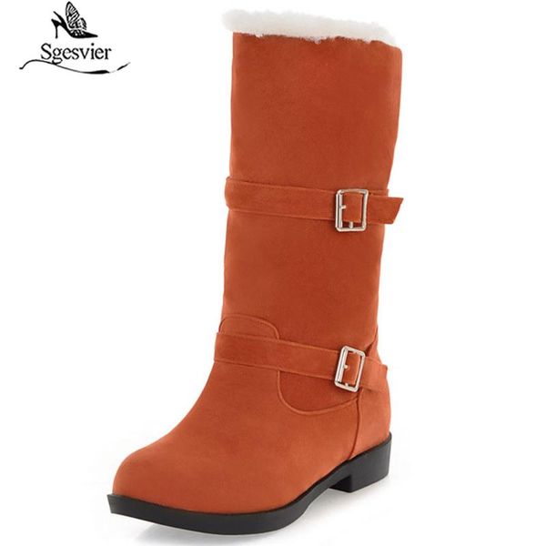 

sgesvier women boots winter med heel warm flock round toe slip on mid calf plush snow boots 2020 new casual black brown g607