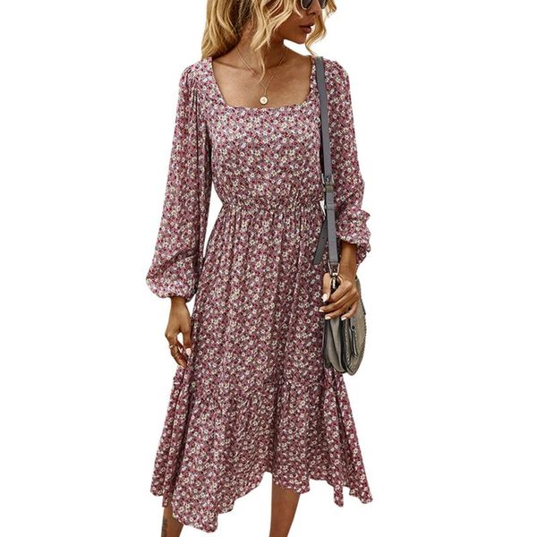 

women dress spring autumn undefined floral print dress long sleeve square collar sweet bohemia loose long dresses, Black;gray