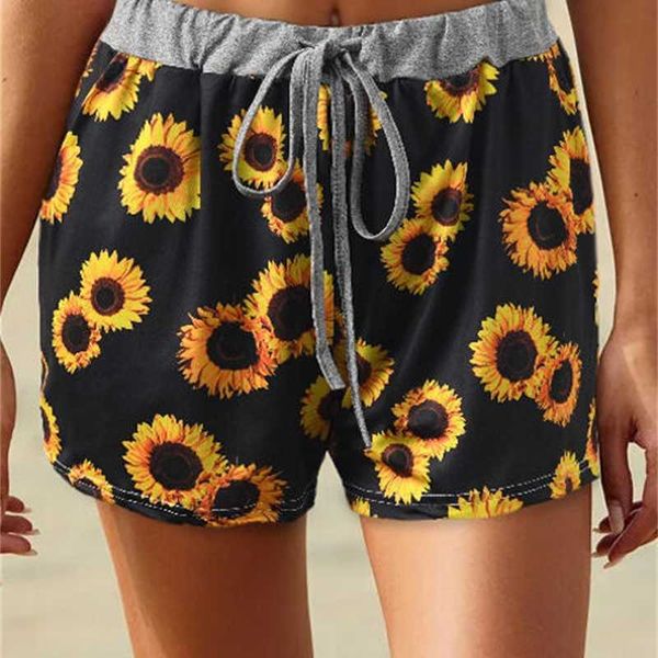 

2020 summer beach leisure suower print elastic waist shorts for women, White;black