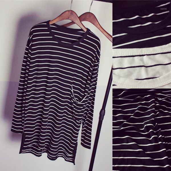

europe and america laziness-style large size loose-fit long sleeve striped dress women's modal pocket front short long back dres1, White;black