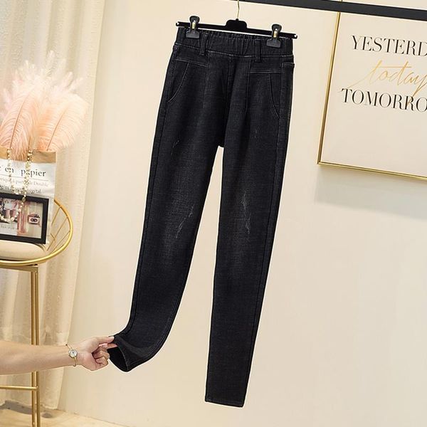 

winter elastic waist jeans woman high waist velvet thinck denim scratched female plus size warm ankle length pull up harem pants, Blue