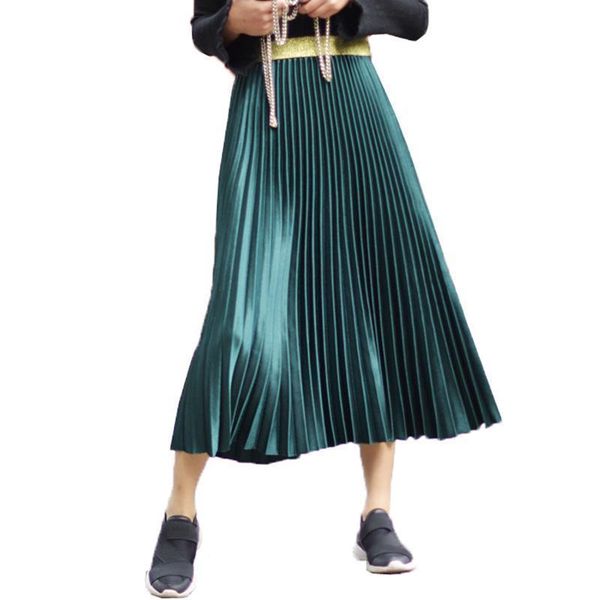 

spring autumn elegant pleated skirt women elastic high waist women long skirt female winter ladies midi skirts saia, Black
