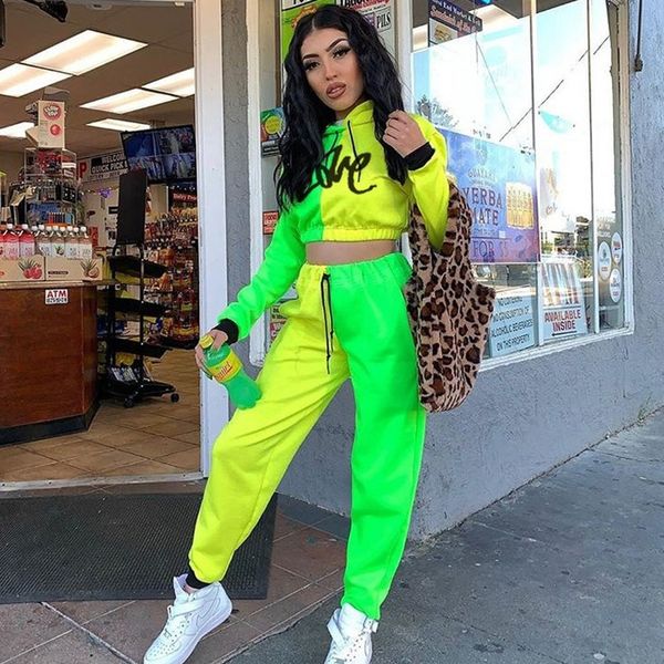 

winter women matching fluorescent yellow green tracksuits long sleeves hooded crop jogging pants suit fall street outfit set y200110, White
