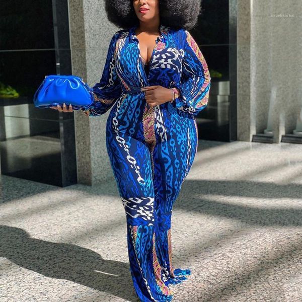 

4xl 5xl plus size jumpsuits and rompers for women autumn long sleeve blue print elegant high waist fashion rompers clothes new1, Black;white