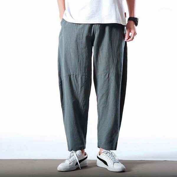 

2020 new summer chinese style wide leg cotton and linen pants men retro elastic waist large size loose casual linen harem pants1, Black