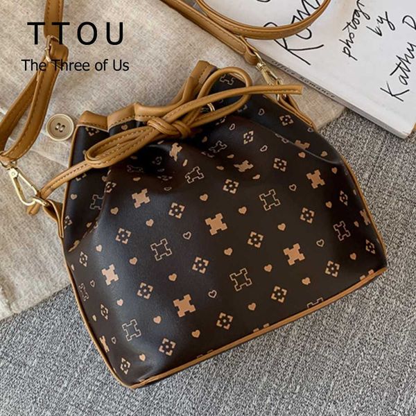 

retro printed women shoulder bag drawstring casual bucket bag high street female new style portable luxury design shoulder