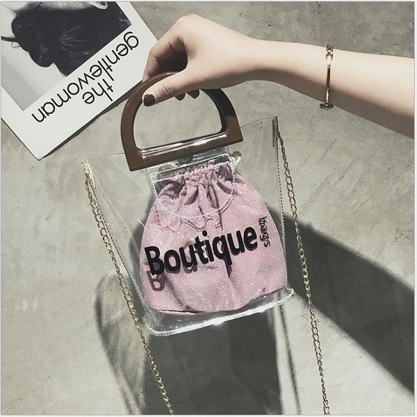 

fashion clear transparent bucket pu bag barrel shaped small mini wood handle semi-circle handbags women fresh summer beach bags