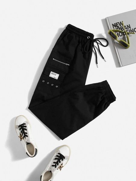 

drawstring waist patch detail grommet eyelet cargo pants s9wf#, Black;white
