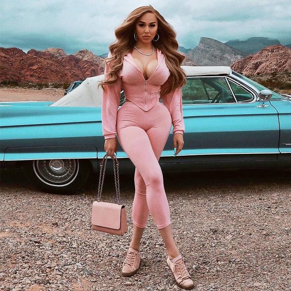 

casual active tracksuit women v neck hooded corset crop + pencil pants bodycon two piece set night club party outfits, Gray