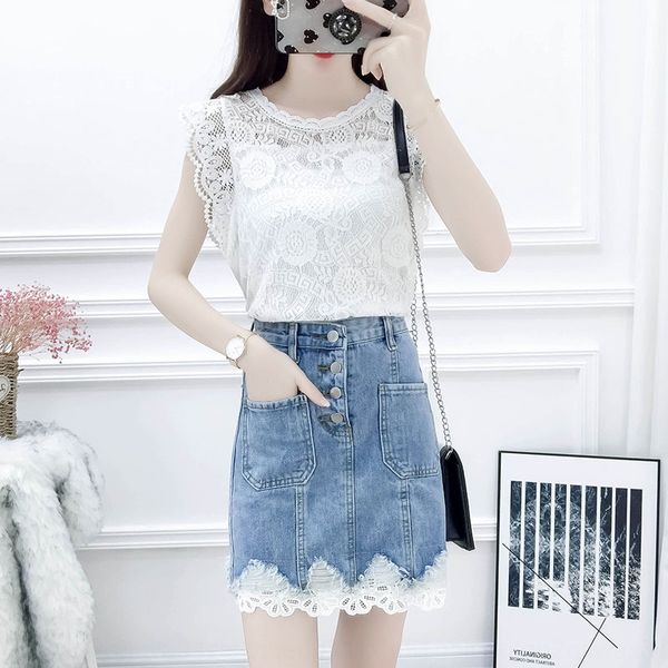 

suit dress summer net red temperament foreign style hollow lace shirt stitching worn skirt two dress skirtdenim skirt denim skirtpiece set r, Gray