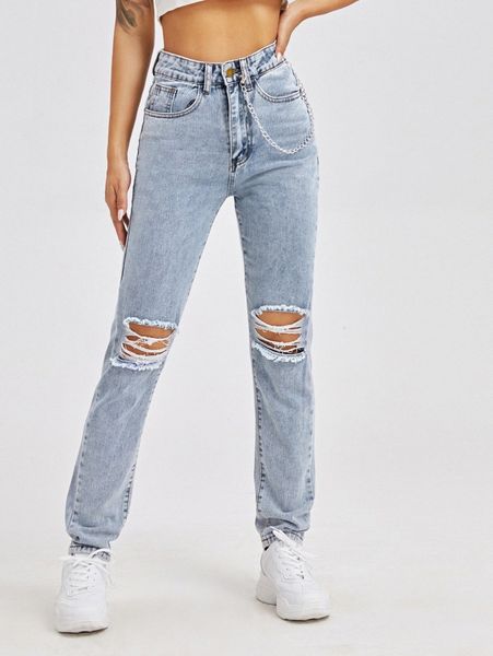 

high waist ripped detail jeans with chain b4d0#, Blue