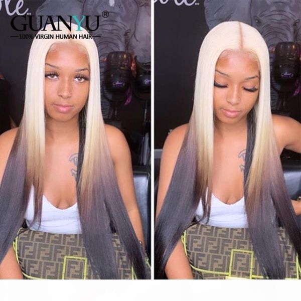 

grey lace front human hair wig 13x4 brazilian remy ombre 3tones blonde pink green blue red orange purple colored wig for women, Black;brown