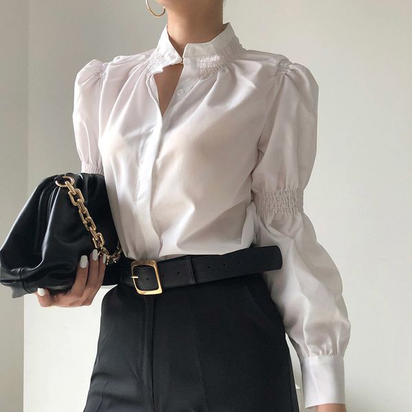 

2021 new korean version blouse spring autumn fashion single-breasted stand-up collar lantern sleeve shirt 7g37, White
