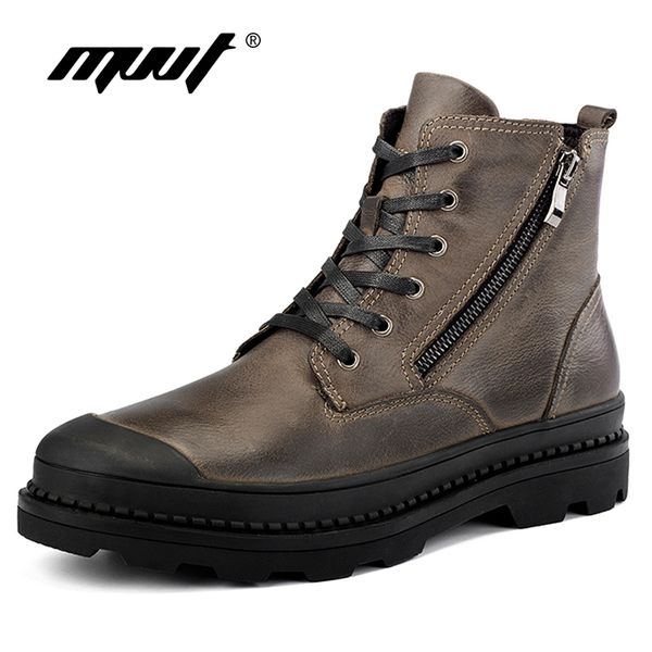 

mvvt plus size motorcycle boots men winter boots genuine leather men boots platform snow waterproof shoes, Black