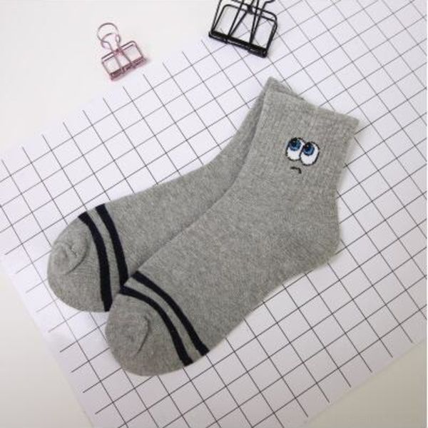 

9tof4 women's stockings smiley cotton sports cartoon two-bar women's face sports mid-length parallel bar stockings mid-length sock, Black