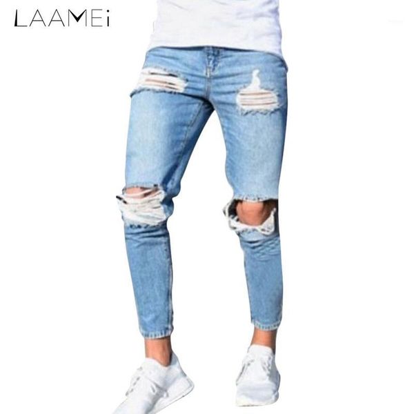 

laamei male's ankle-length hole jeans straight worn pants summer lightweight fashion casual trousers plus size jeans 2018 new1, Blue