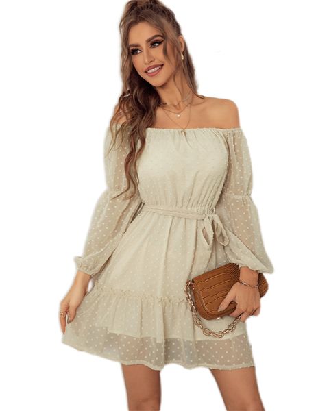 

casual dresses wave dot mesh one shoulder solid color elegant dress slim temperament a-line skirt design sense of minority, Black;gray