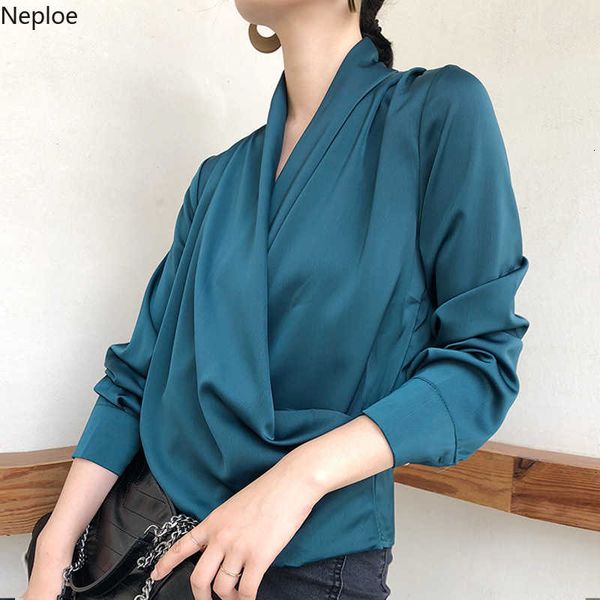 

neploe pleated v-neck women blouses spring fashion long sleeve shirts chic simple solid office ladies 43486 sh190803, White