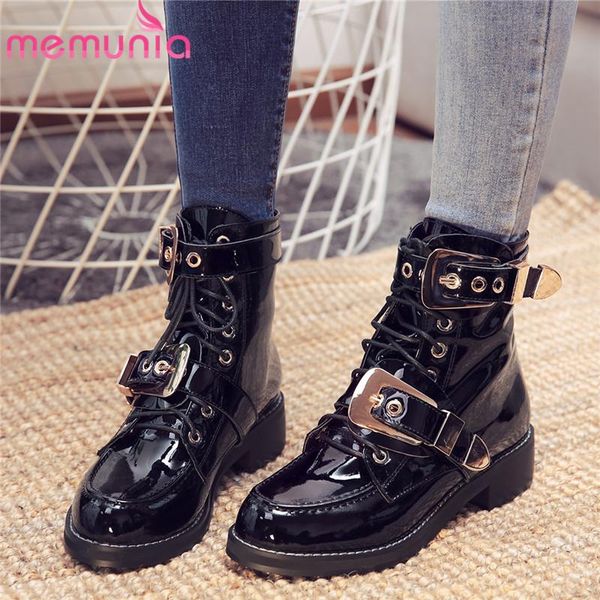 

boots memunia 2021 arrival ankle for women patent leather shoes buckle winter square heels casual woman black