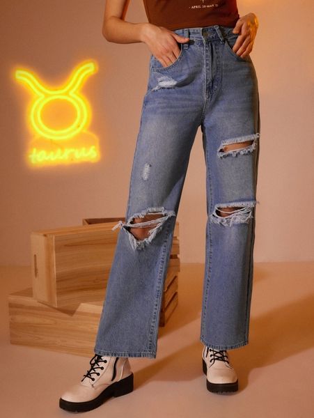 

romwe taurus washed ripped straight leg jeans m3us#, Blue