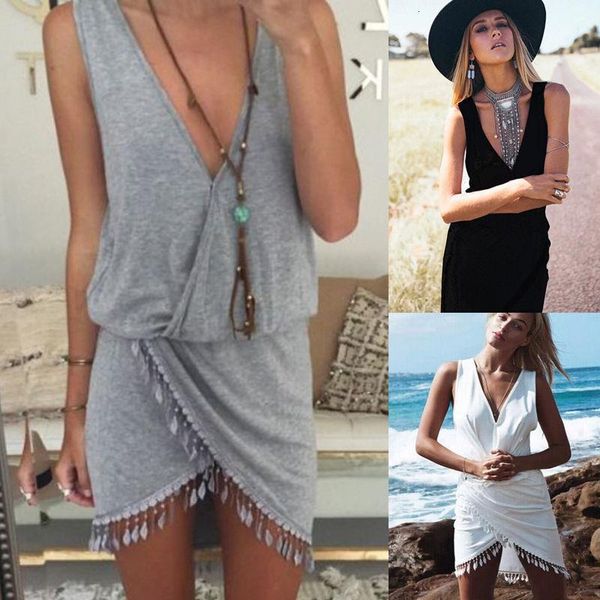

boho sunner women sarong bikini cover up deep v-neck beach dress with tassel beachwear swimwear solid tunic dresses, Black;gray