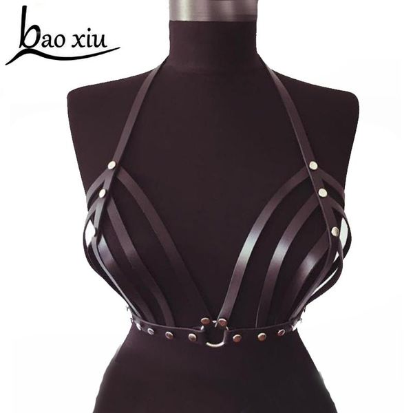 

new baoxiu harajuku straps leather punk bondage adjustable women belt handmade bra garter chest corset straps suspenders, Black;brown