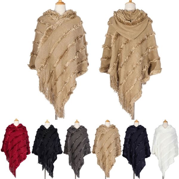 

scarf new women winter striped tassel shawl and wraps thick warm blanket scarf oversize hooded ponchos capes echarpe #yjg y200104, Blue;gray