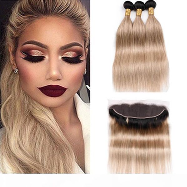 

#1b 27 honey blonde ombre straight brazilian human hair full lace closure 13x4 with weaves light brown ombre 3bundles with lace frontal, Black;brown