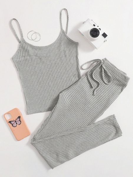 

waffle knit cami & knot waist leggings set p7yl#, White