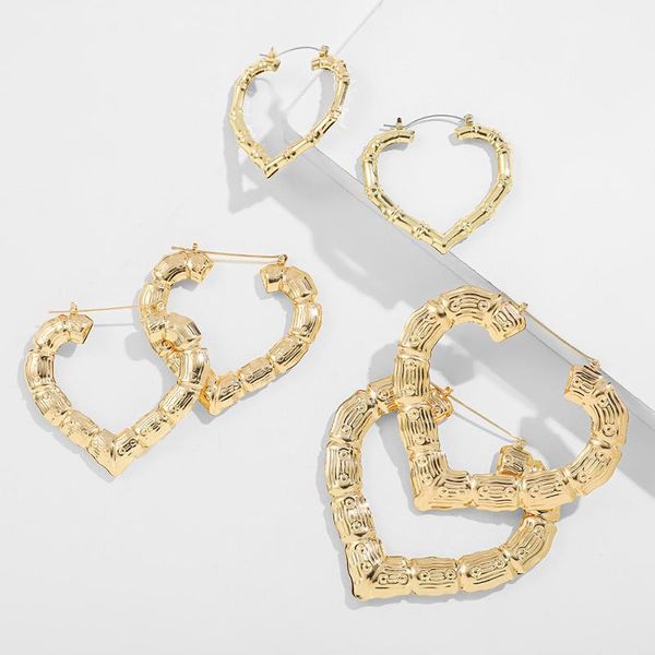 

hoop & huggie punk hip hop thick big hollow heart earring for women gold color metal love bamboo exaggerated brincos jewelry gift, Golden;silver