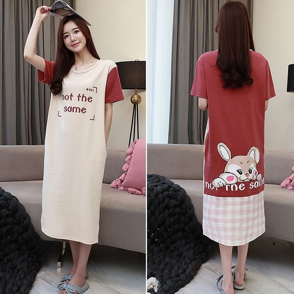 

3xlcotton night dress women o-neck cartoon letter print short sleeve nightgown casual loose sleepwear plus size y200425, Black;red