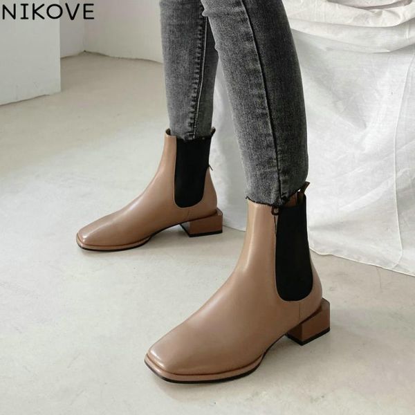 

boots nikove 2021 ankle autumn winter square toe slip on women shoes heel cow leather all match short size 34-39, Black