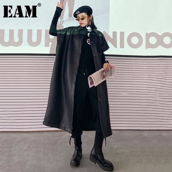 

[eam] women loose fit black pu leather brief long big size vest new lapel sleeveless fashion tide spring autumn 1z632 210204, Black;white