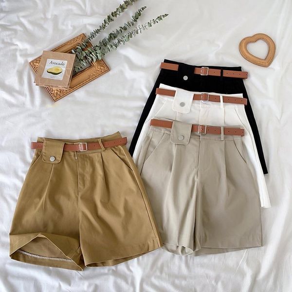

women's shorts korean white black suit for women 2021 brief design high waist wide leg with belt 5 colors plus size1
