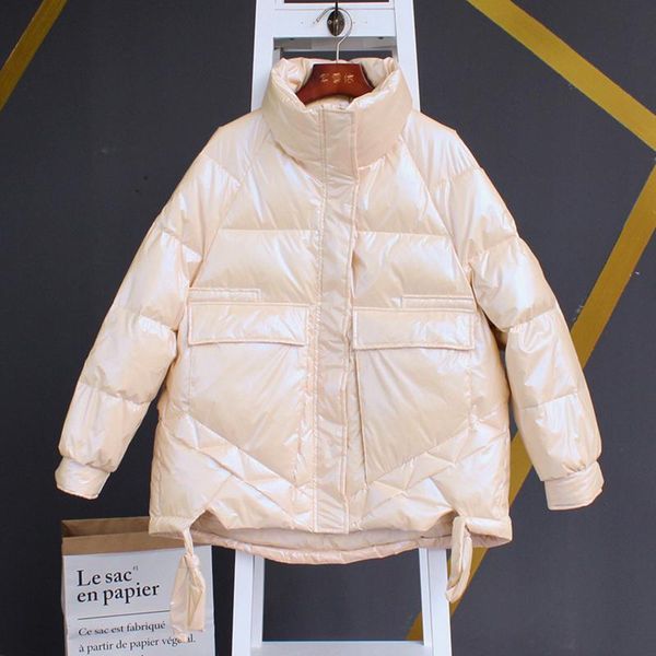 

oversized winter women duck down jacket solid loose overcoat stand collar with zipper big pockets thick casual female coats, Black