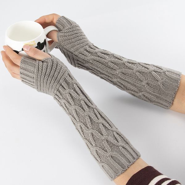 

winter women long fingerless sleeves mittens solid soft warm acrylic stretch knit half finger arm warmers gloves c84, Blue;gray