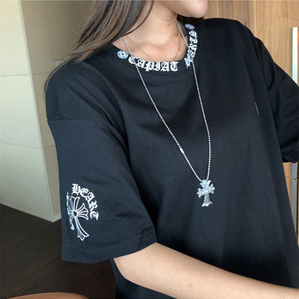 

spring chh / summer new couple's sanskrit cross printed short sleeve t-shirt for men and women's casual xrit, Black