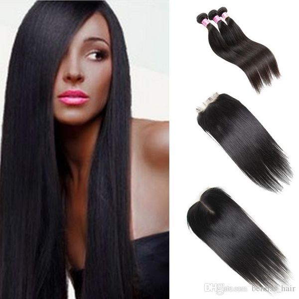 

straight malaysian human hair bundle with closure 3 bundles striaght peruvian hair cambodian mongolian brazilian virgin human hair weaves, Black