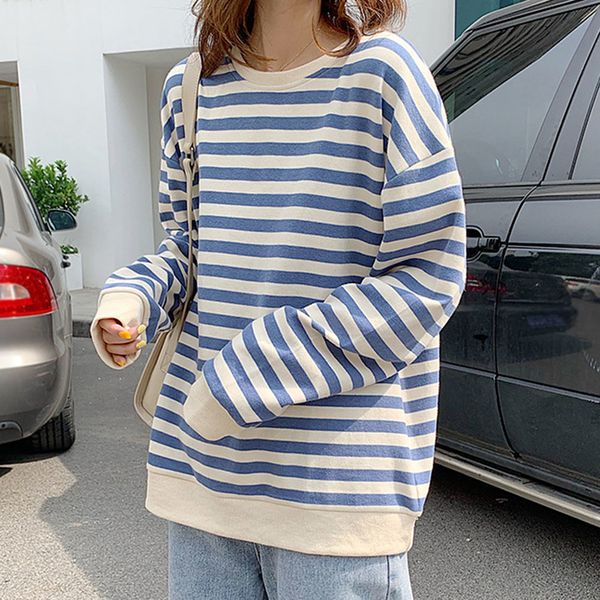 

2021 new women stripe autumn fashion long sleeves o-neck black blue girl's loose korean style hoodies 8lbk, White