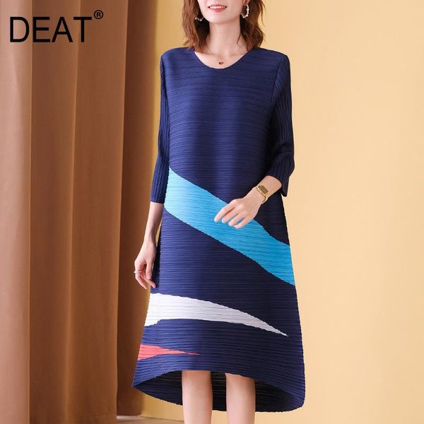 

[deat] 2020 new autumn fashion women pleated dress big color block stripe print full sleeve o collar casual slim over size tx599, Black;gray