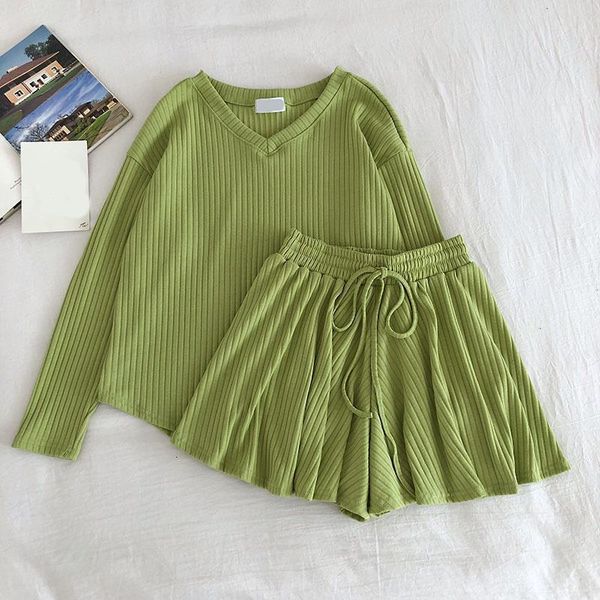 

summer women knit ribbed shorts 2 pcs set v neck long sleeve loose female sets 2020 high waist short pants casual, Gray