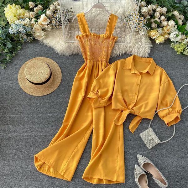 

vacation style two-piece set 2020 new suspenders pleated wide leg jumpsuit short-sleeved cardigan shirt women tide, Gray
