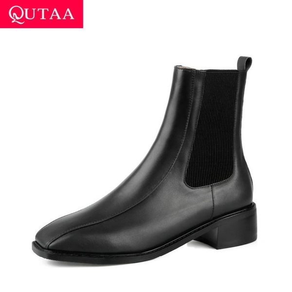 

qutaa 2021 autumn winter ankle boots square heel zipper women shoes quality cow leather cloth square toe short boots size 34-40, Black