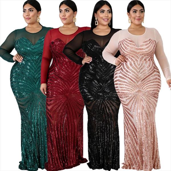 

women plus size elegant dresses sparkly mesh long sleeve mermaid sequin dress party gowns female wholesale dropshipping, Black;gray