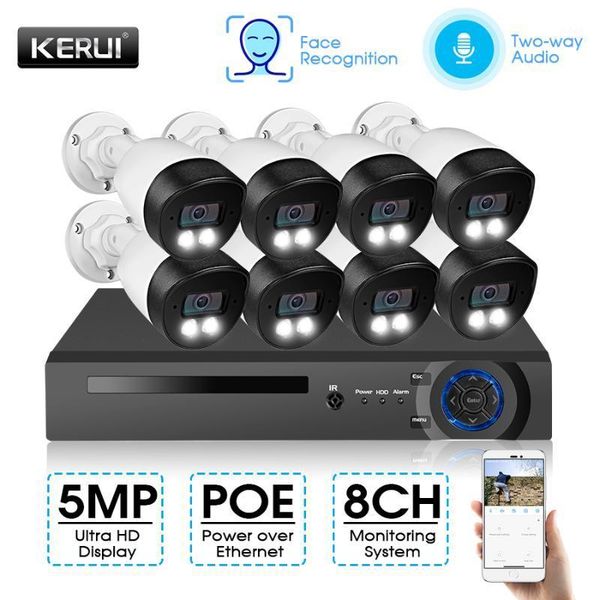 

kerui h.26 8ch 5mp poe security camera system kit ai face record ip camera ir outdoor waterproof cctv video surveillance nvr set1