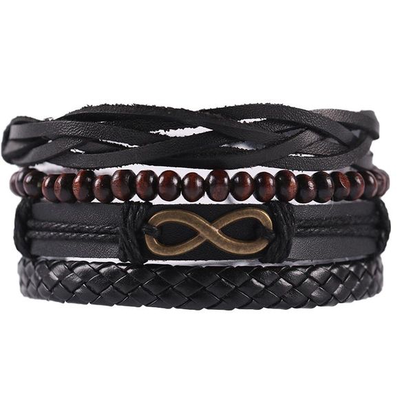 

figure 8 charm 4-piece set/men's woven winding leather bracelet vintage wooden bead ethnic tribal wristband bracelets men, Black