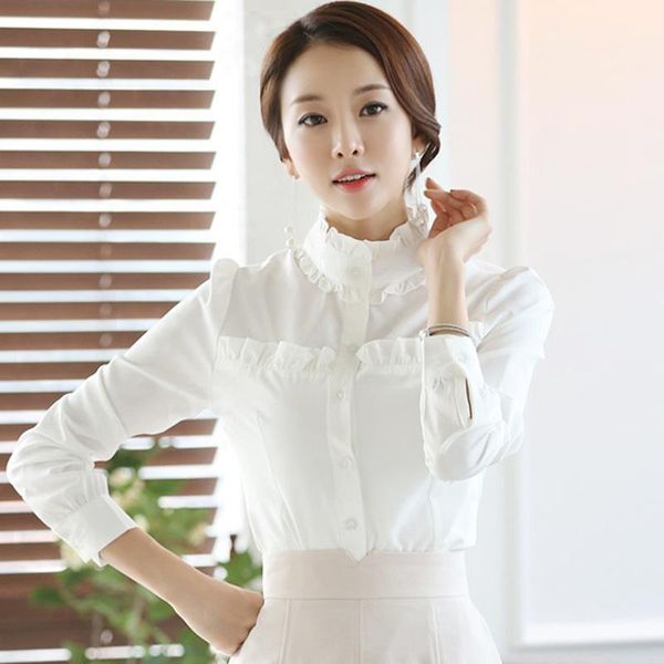 

office ladies mandarin collar chiffon shirts for women korean style slim long-sleeved and blouses ruffles button blouse1, White