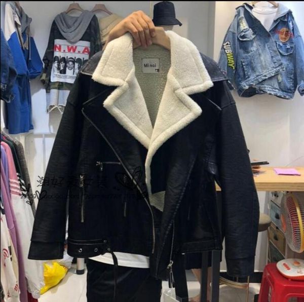 

women's leather & faux autumn and winter korean thickened lamb fur splicing large lapel pu coat motorcycle jacket padded, Black
